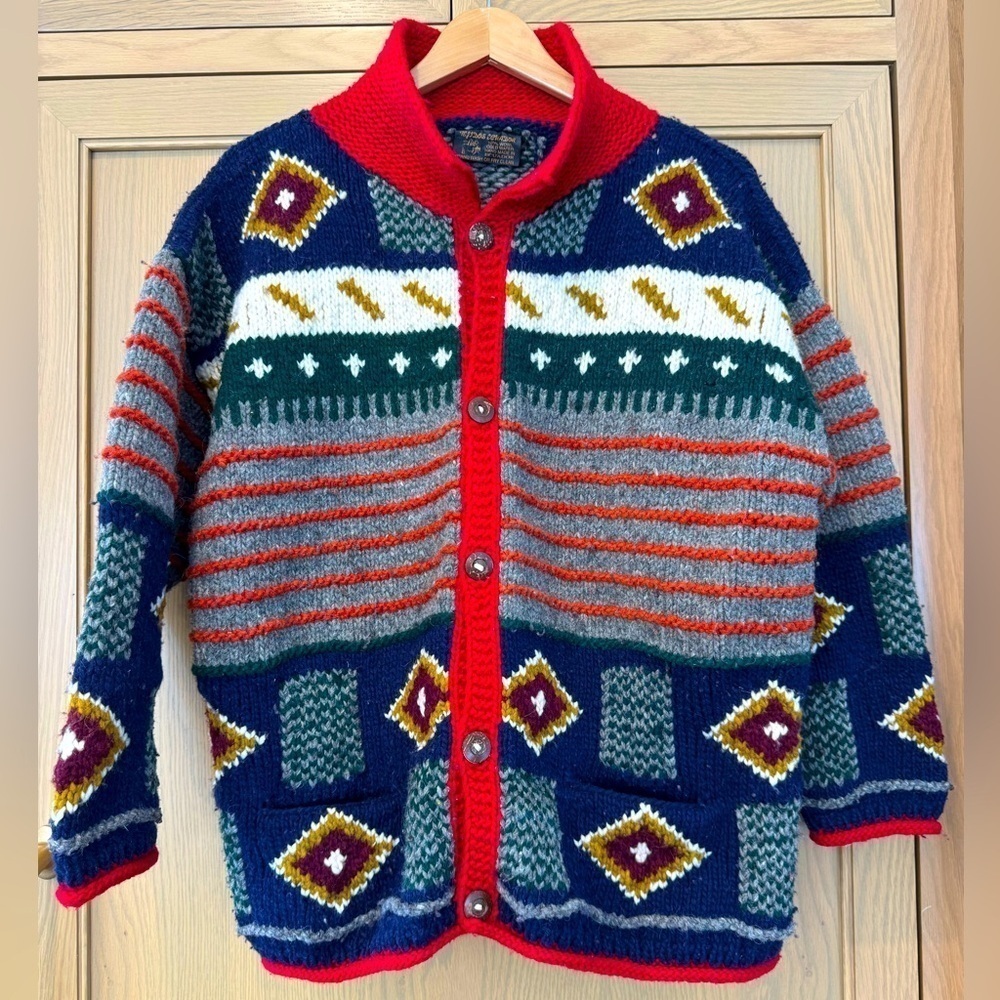 Vintage Ecuador Tejidos Hand Knit Chunky Heavy Wool Cardigan Hand Made